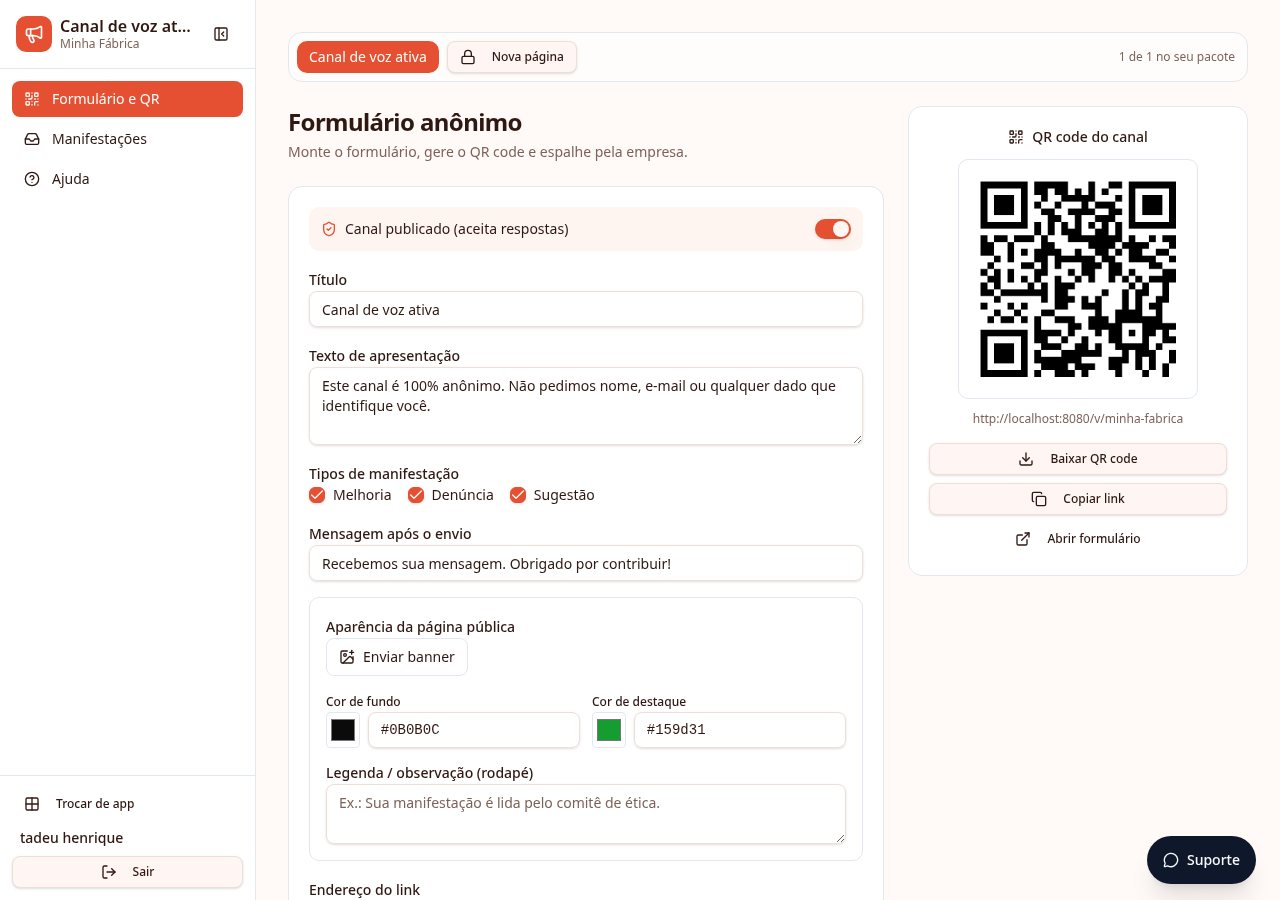 Configuração real do formulário anônimo e QR Code do Canal de Voz Ativa