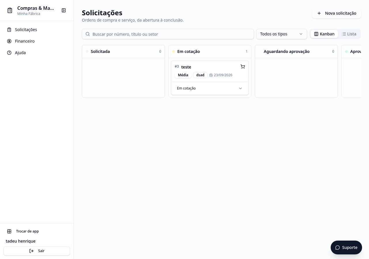 Kanban real de solicitações do Compras e Manutenção Lobow