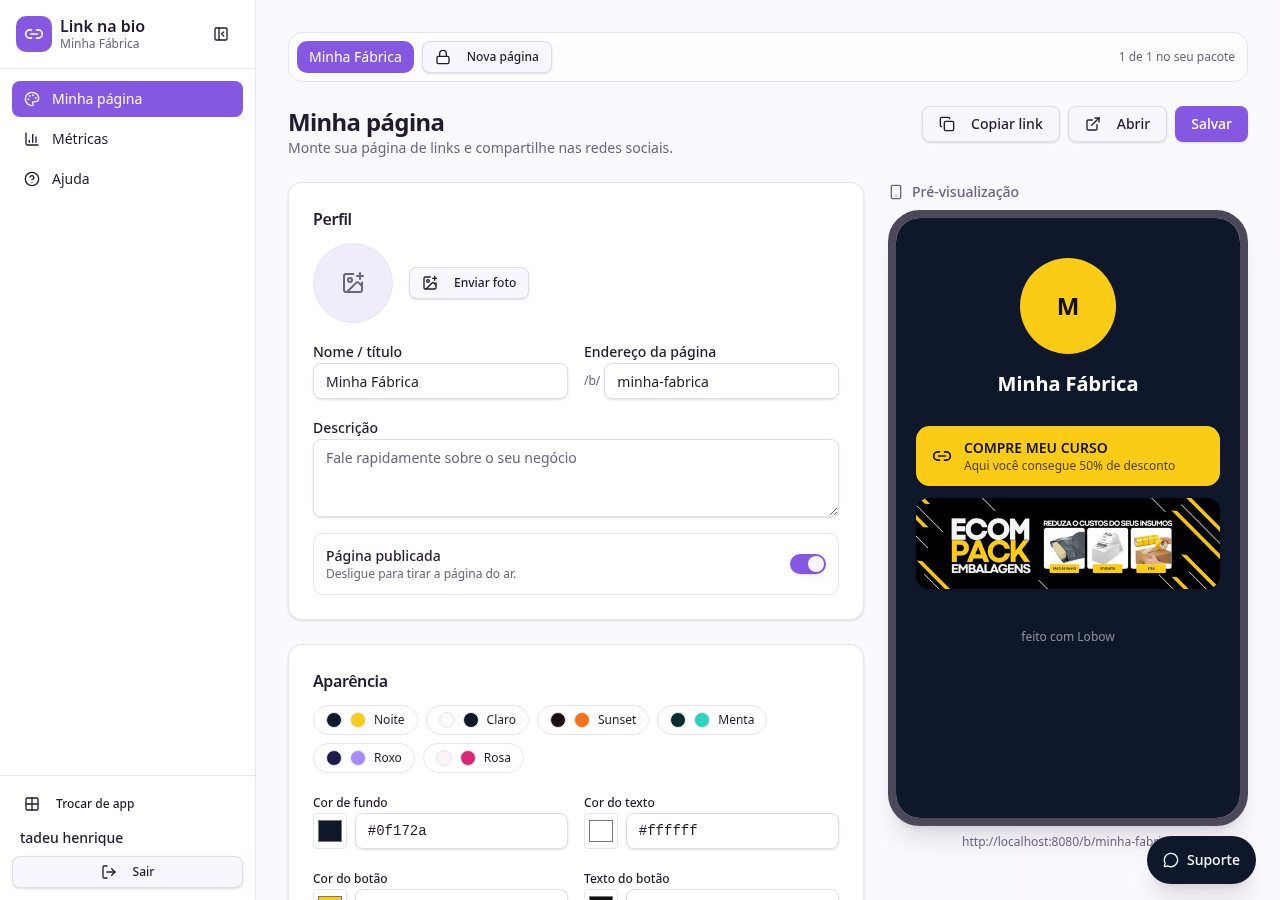 Editor real do Link na Bio Lobow com prévia no celular